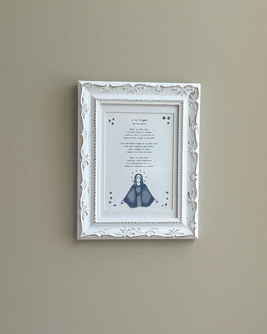 Virgen de la Mistral en marco de moldura albayalde